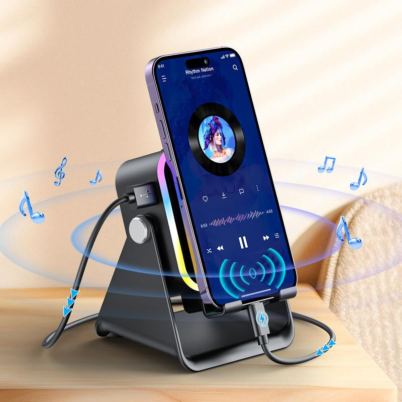 Wireless Induction Audio Speaker Stand, 5In1 Cellphone Holder, 3500Mah Rechargeable Emergency Power Bank,360° Adjustable Mobile Tablet Stand with Colorful Ambient Light Gifts for Men Women