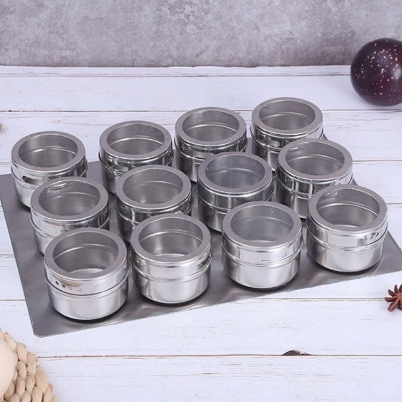 Magnetic Spice Jar Set – Stainless Steel Spice Tins with Labels for Organized Kitchen Storage