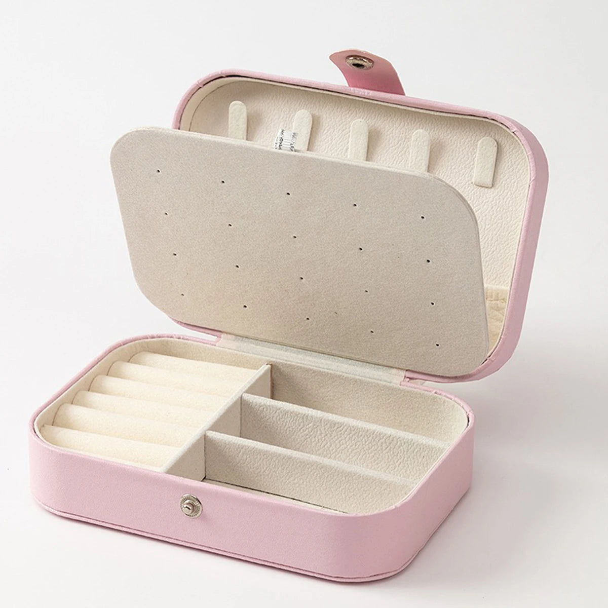 Portable Multi-Compartment Jewelry Box – Travel-Friendly Pink Organizer with Velvet Lining for Rings, Earrings & Accessories