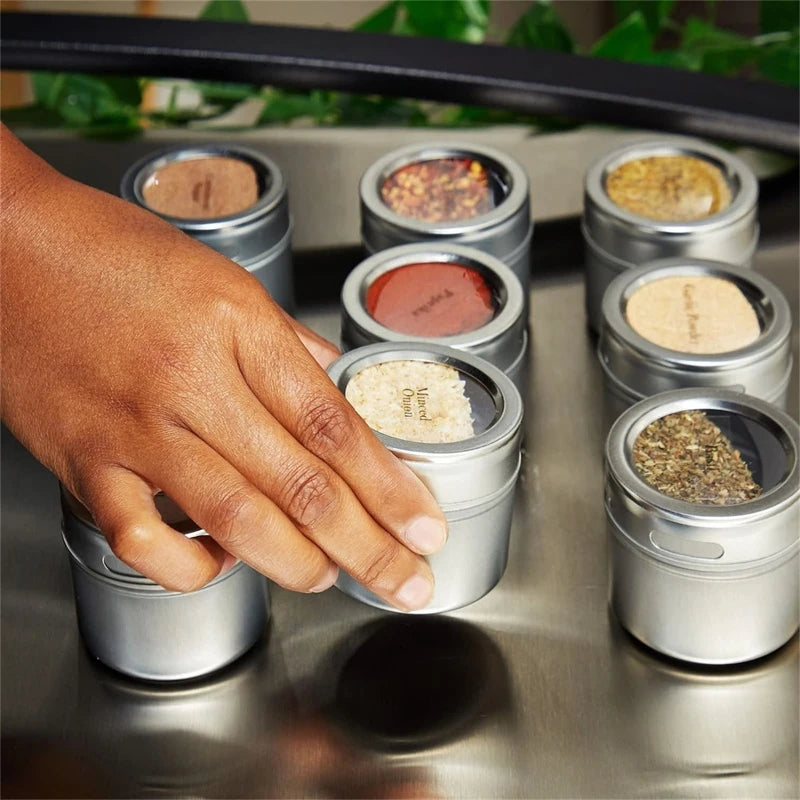 Magnetic Spice Jar Set – Stainless Steel Spice Tins with Labels for Organized Kitchen Storage