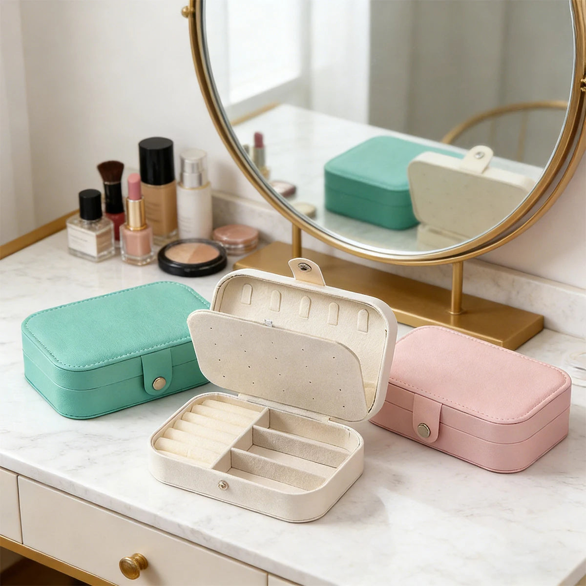 Portable Multi-Compartment Jewelry Box – Travel-Friendly Pink Organizer with Velvet Lining for Rings, Earrings & Accessories