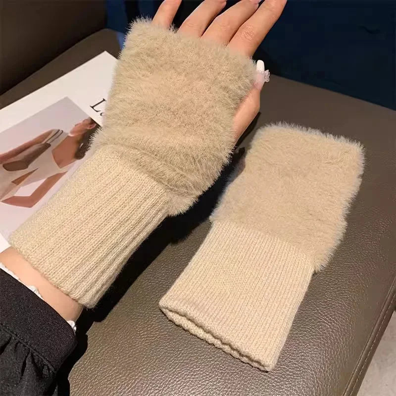 Soft Winter Fingerless Gloves – Women’s Warm Plush Knitted Wrist Mittens for Writing, Touchscreens & Everyday Use