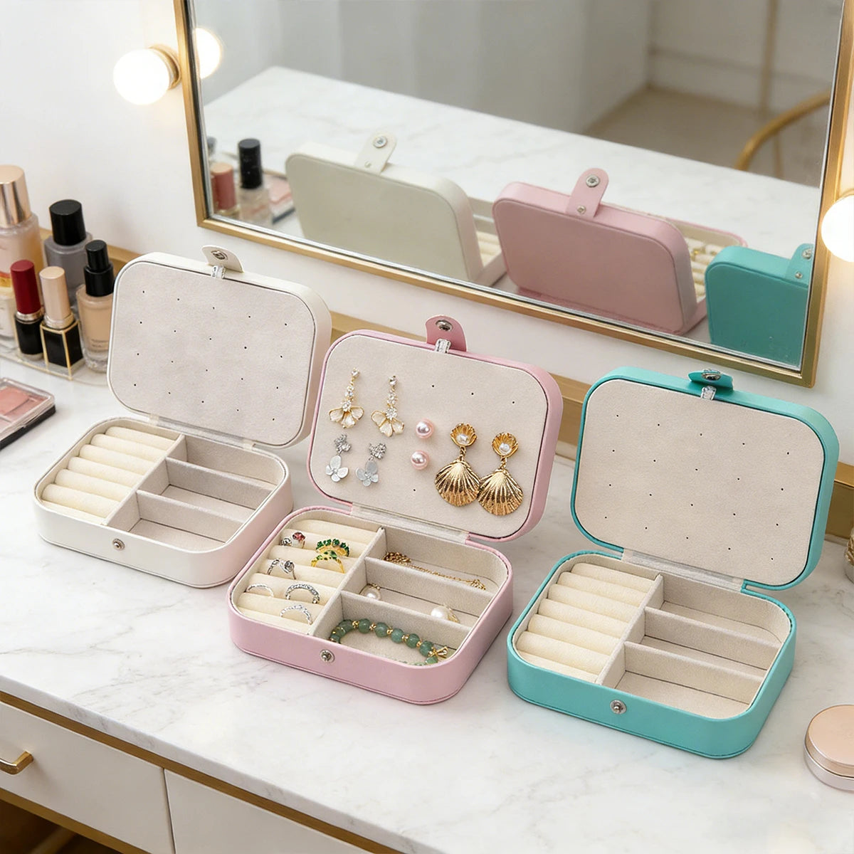 Portable Multi-Compartment Jewelry Box – Travel-Friendly Pink Organizer with Velvet Lining for Rings, Earrings & Accessories