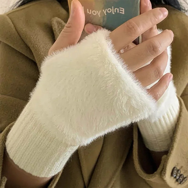 Soft Winter Fingerless Gloves – Women’s Warm Plush Knitted Wrist Mittens for Writing, Touchscreens & Everyday Use
