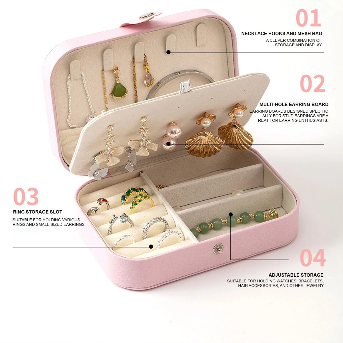 Portable Multi-Compartment Jewelry Box – Travel-Friendly Pink Organizer with Velvet Lining for Rings, Earrings & Accessories