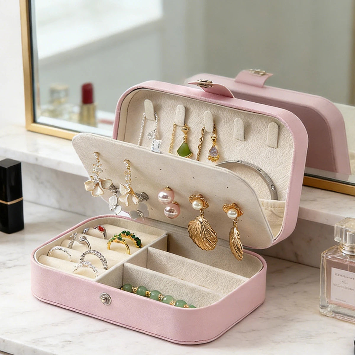 Portable Multi-Compartment Jewelry Box – Travel-Friendly Pink Organizer with Velvet Lining for Rings, Earrings & Accessories